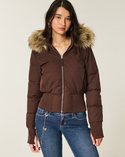 Faux Fur Trim Puffer Bomber Jacket
