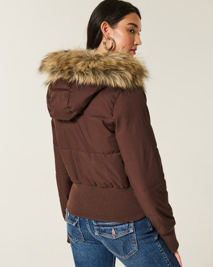 Faux Fur Trim Puffer Bomber Jacket